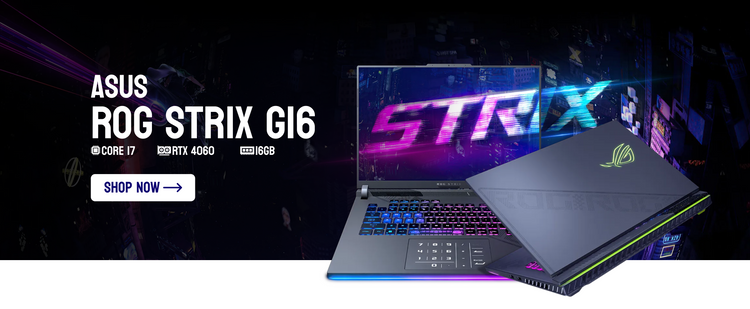 ASUS ROG Strix G16 gaming laptop with promotional text on a dark background