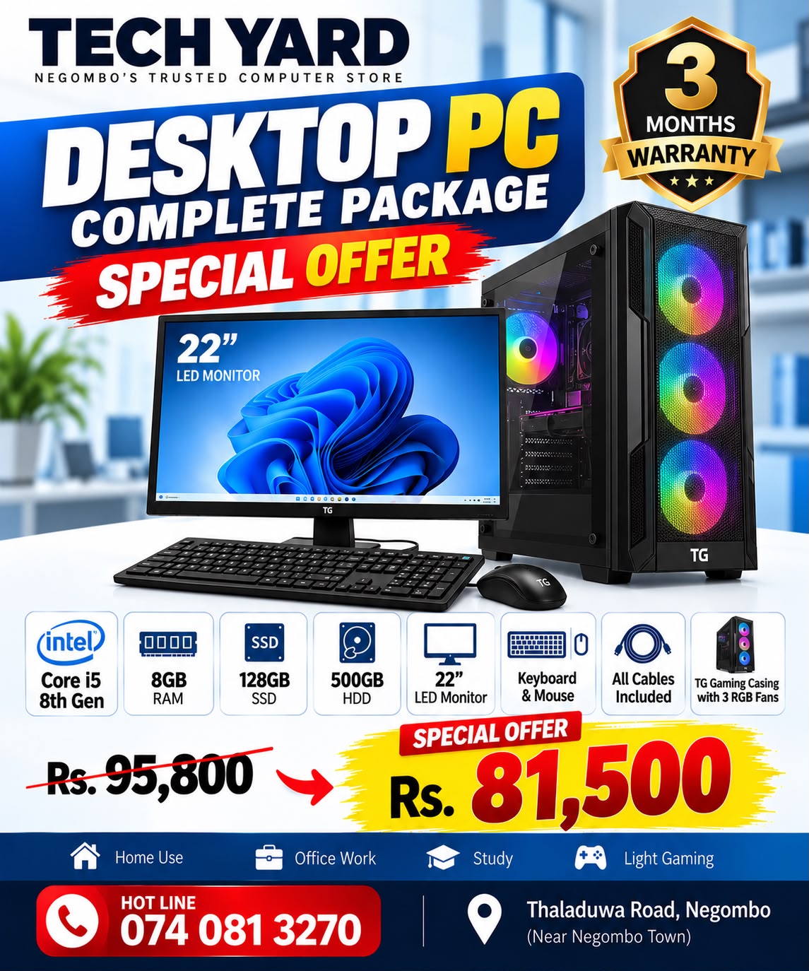 Desktop PC Complete Package – Core i5 8th Gen | 8GB RAM | 128GB SSD + 500GB HDD | 22" Monitor | RGB Gaming Casing