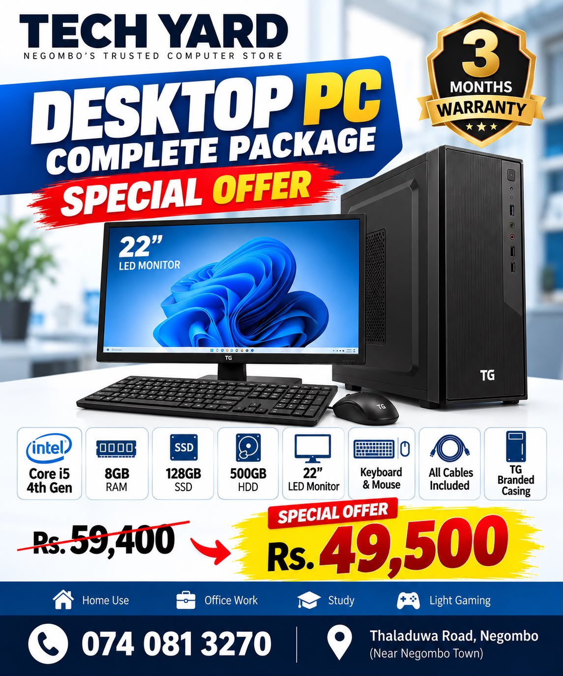 Desktop PC Complete Package – Core i5 4th Gen | 8GB RAM | 128GB SSD + 500GB HDD | 22" Monitor