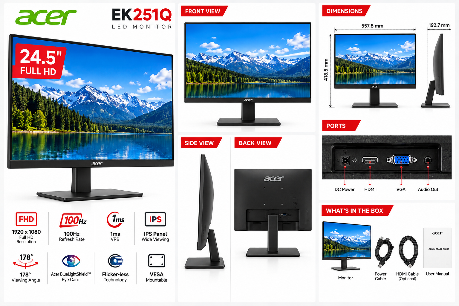 Acer EK251Q monitor feature infographic with front, side and rear views