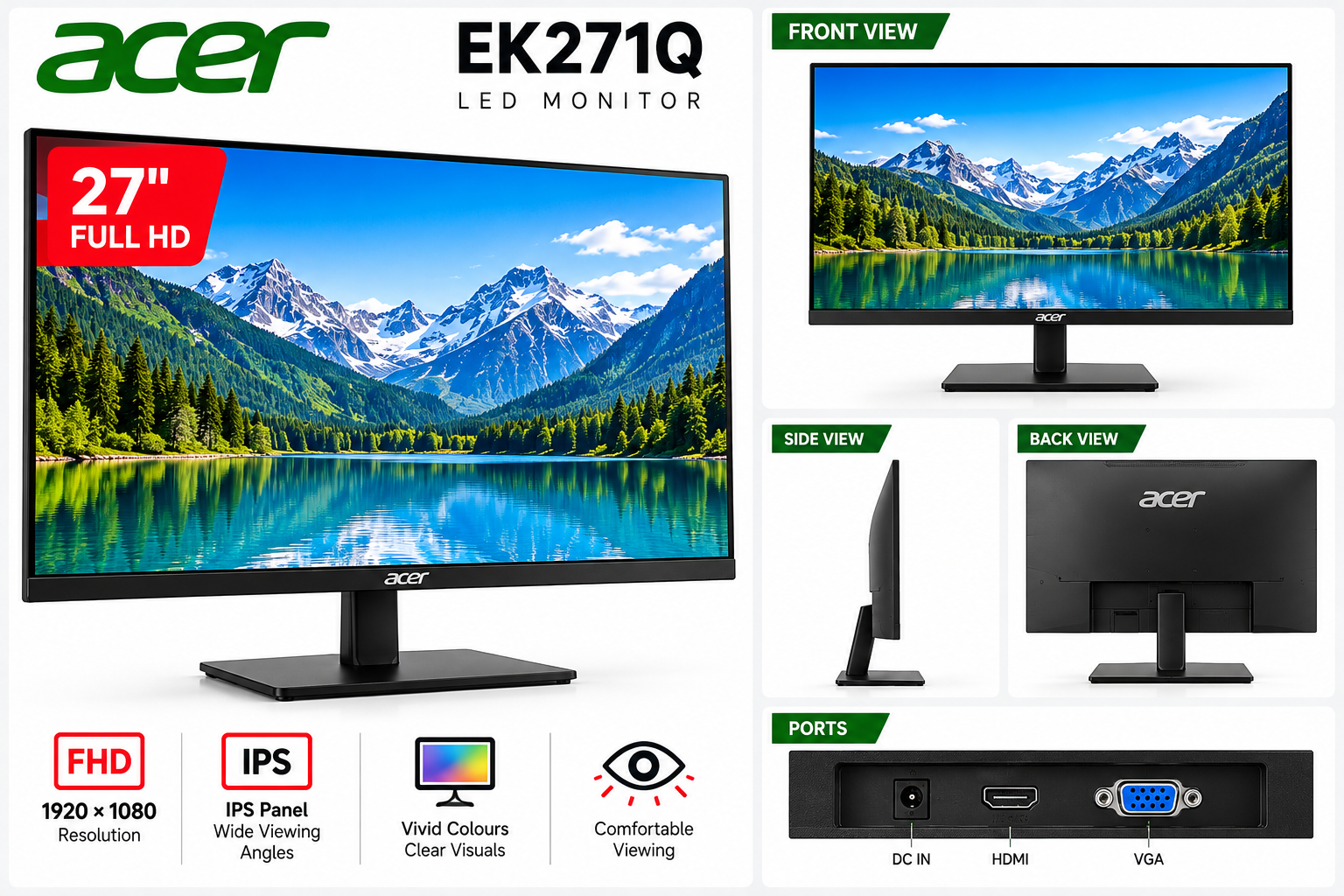 Acer EK271Q 27-inch Full HD monitor front, side, rear and ports infographic