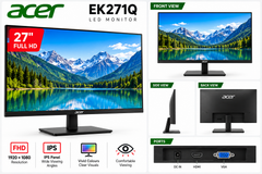 Acer EK271Q 27-inch Full HD monitor front, side, rear and ports infographic