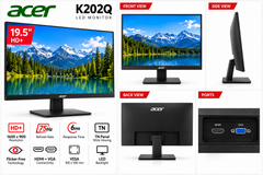 Acer K202Q 19.5-inch HD+ monitor front, side, rear and ports feature infographic