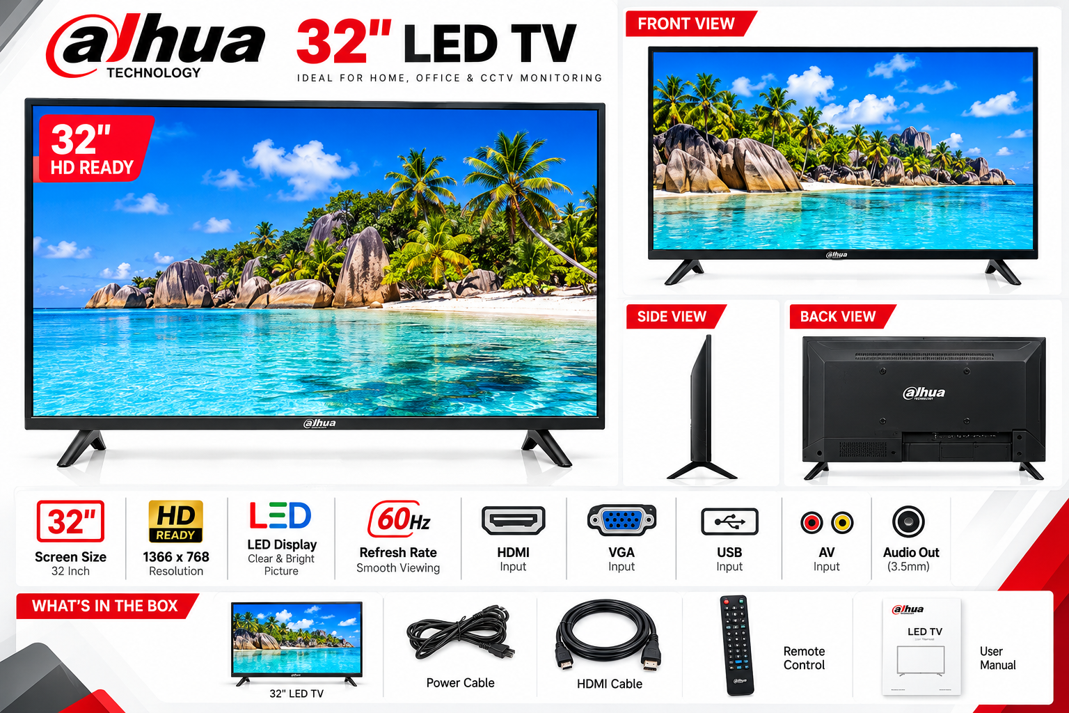Dahua 32-inch LED TV front, side, rear and input features infographic