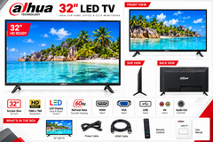 Dahua 32-inch LED TV front, side, rear and input features infographic