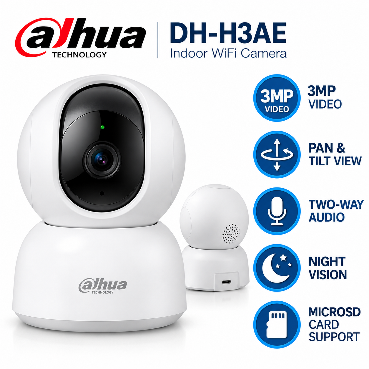 Dahua DH-H3AE 3MP indoor WiFi camera features infographic