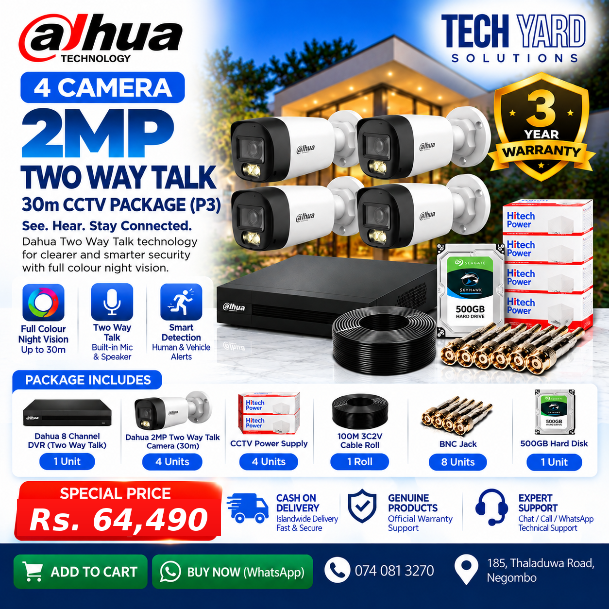 P3 Dahua 4 Camera 2MP Two Way Talk 30m CCTV Package with DVR and HDD - Rs. 64,490