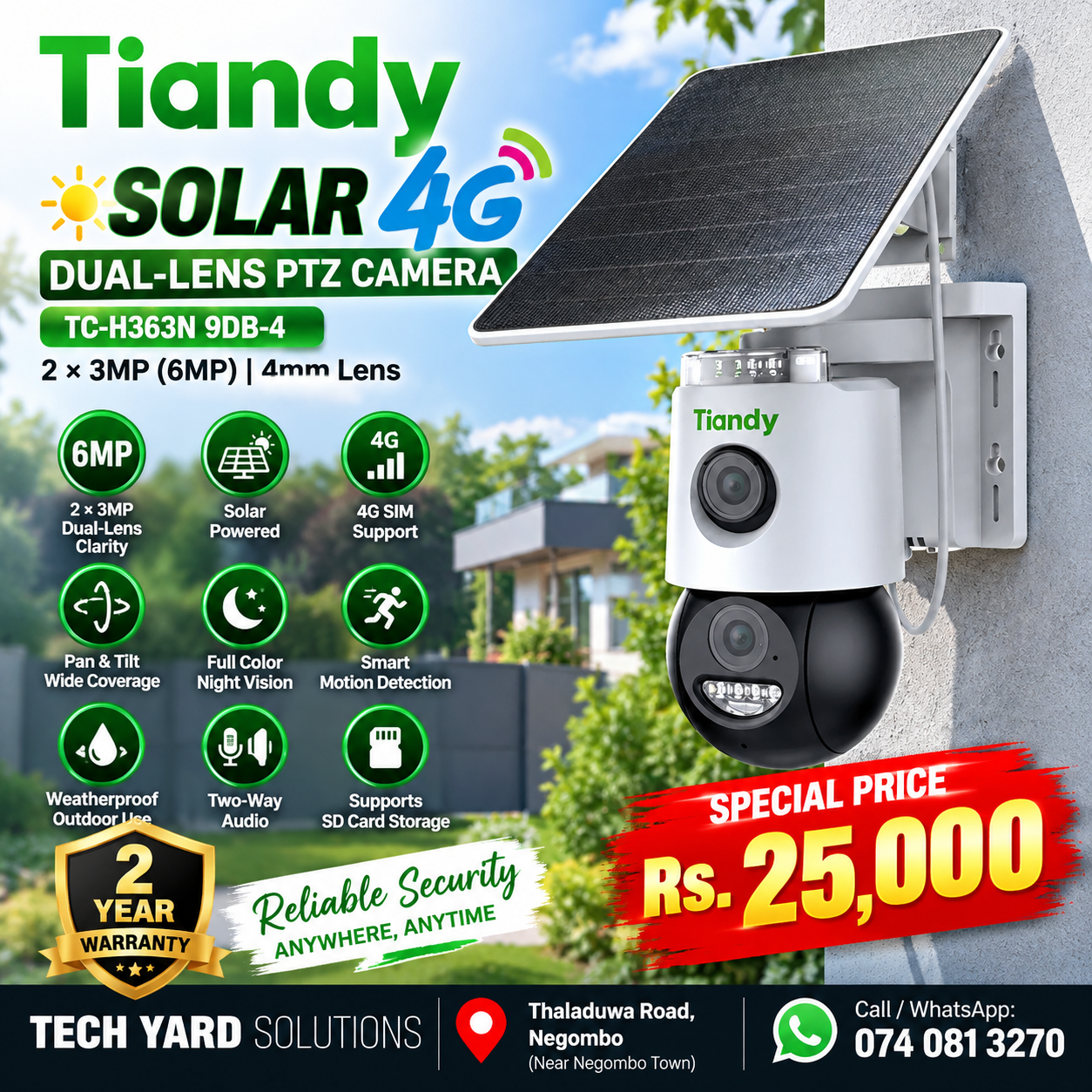 Tiandy Solar 4G Dual-Lens PTZ Camera TC-H363N 9DB-4, 6MP, solar powered